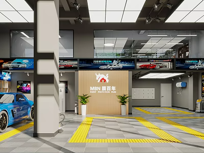 Car Showroom with Displayed Car Models Blue Car and Yellow Guide Lines 3d model