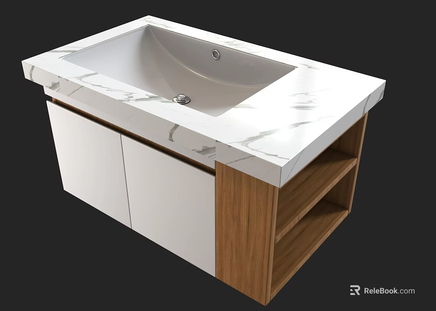 Modern Bathroom Vanity With Marble Countertop White Basin And Wooden Shelves 3d model 