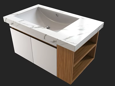 Modern Bathroom Vanity With Marble Countertop White Basin And Wooden Shelves 3d model