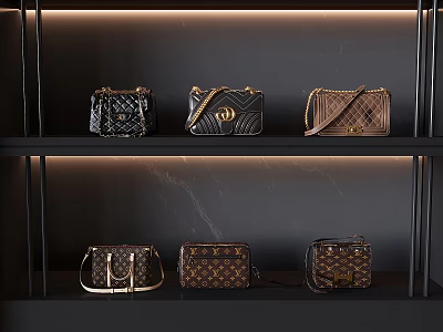 Elegant Handbags Displayed On Shelves With Quilted Leather And Chain Straps 3d model
