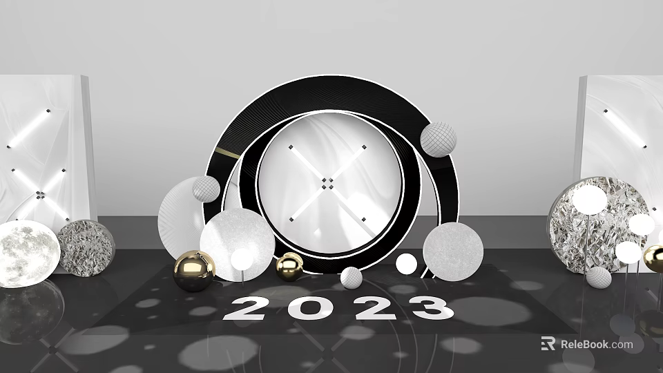 2023 Decorative Display Featuring Black Circular Ring And Gold Silver White Spheres 3d model