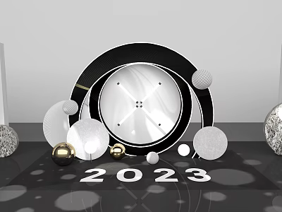 2023 Decorative Display Featuring Black Circular Ring And Gold Silver White Spheres 3d model