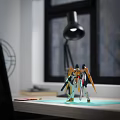 Robot Figure On Office Desk With Desk Lamp Green Mouse Pad And City Skyline View