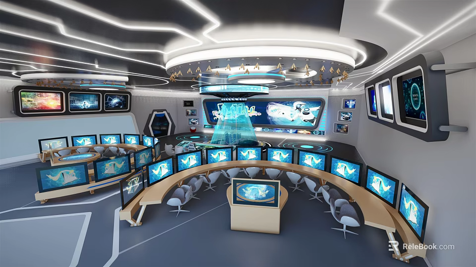 Modern High Tech Control Room Featuring Multiple Screens Curved Consoles and Ergonomic Seats 3d model 