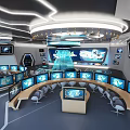 Modern High Tech Control Room Featuring Multiple Screens Curved Consoles and Ergonomic Seats