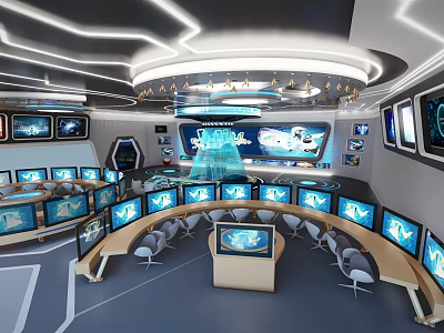 Modern High Tech Control Room Featuring Multiple Screens Curved Consoles and Ergonomic Seats 3d model