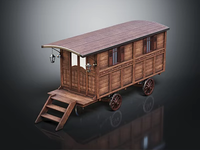 Vintage Wooden Horse-Drawn Carriage With Roof Windows Steps And Wheels 3d model