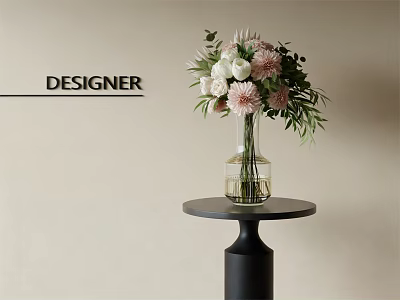 Designer Floral Arrangement With Pink White Flowers In Clear Glass Vase On Black Round Table 3d model