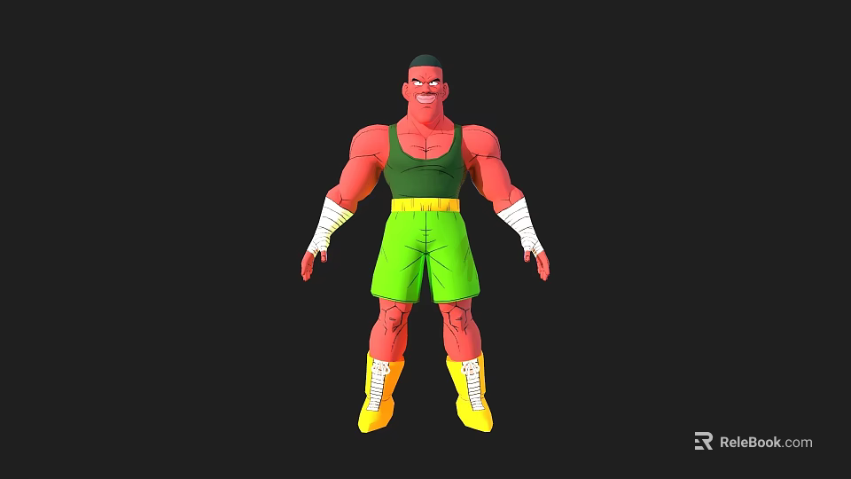 Muscular 3D Animated Character With Green Shorts Yellow Shoes And White Arm Wraps 3d model 