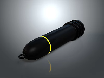 Black Cylindrical Object With Yellow Stripe And Bottom Ring On Reflective Surface 3d model