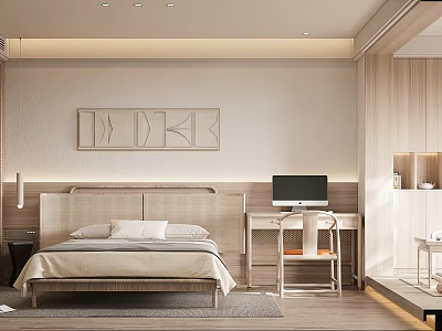 Modern Bedroom Interior Design With Wooden Bed Desk And Decorative Wall Art 3d model