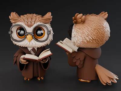 Cute Cartoon Owl Wizard Character Wearing Glasses Holding Book In Robe 3d model