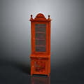 Red Wooden Cabinet With Glass Doors Drawers And Decorative Top