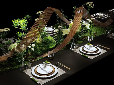 Elegant Banquet Hall Table Setting With Lush Greenery Decorative Wooden Structures And White Plates 3d model