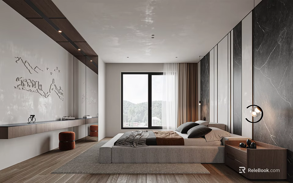 Modern Bedroom Interior Design With Large Bed Floor to Ceiling Window And Decorative Wall Nightstand 3d model 