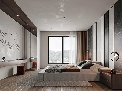 Modern Bedroom Interior Design With Large Bed Floor to Ceiling Window And Decorative Wall Nightstand 3d model