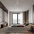 Modern Bedroom Interior Design With Large Bed Floor to Ceiling Window And Decorative Wall Nightstand