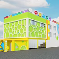 Colorful School Building Exterior with Geometric Patterns Multiple Windows Against Blue Sky with White Clouds 3d model