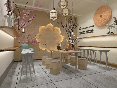 Traditional Asian Restaurant Interior With Cherry Blossom Decor Lantern Pendant Lights And Wooden Tables 3d model