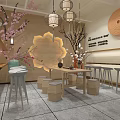 Traditional Asian Restaurant Interior With Cherry Blossom Decor Lantern Pendant Lights And Wooden Tables