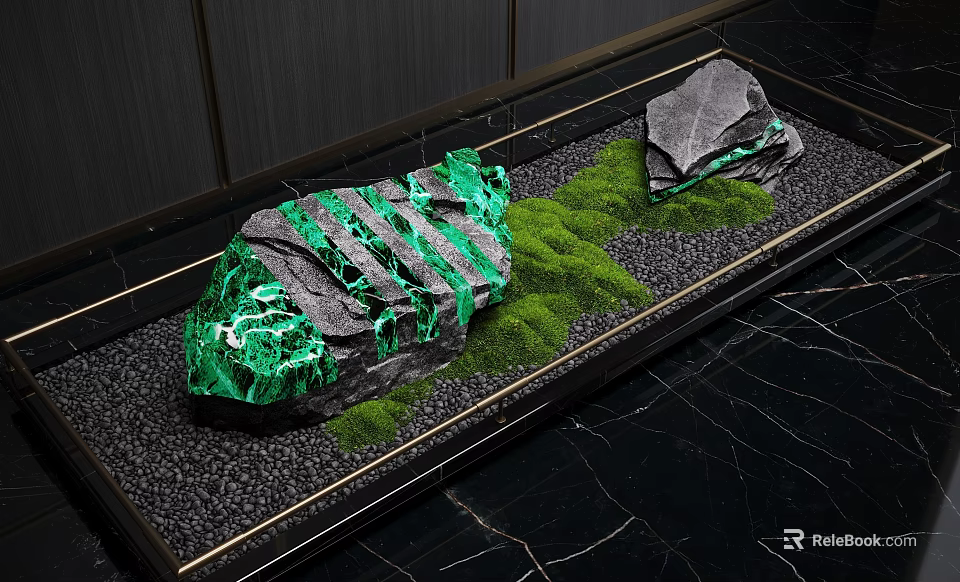 Indoor Landscape with Black Marble Green Glowing Stones Moss Black Pebbles And Golden Frame 3d model 