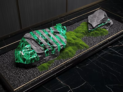 Indoor Landscape with Black Marble Green Glowing Stones Moss Black Pebbles And Golden Frame 3d model