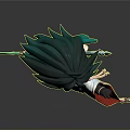 Chibi Character With Green Hair Yellow Eyes Patterned Outfit Holding Weapon On Dark Background