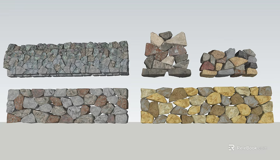 Natural Stone Feature Wall With Various Patterns And Mixed Color Stones 3d model