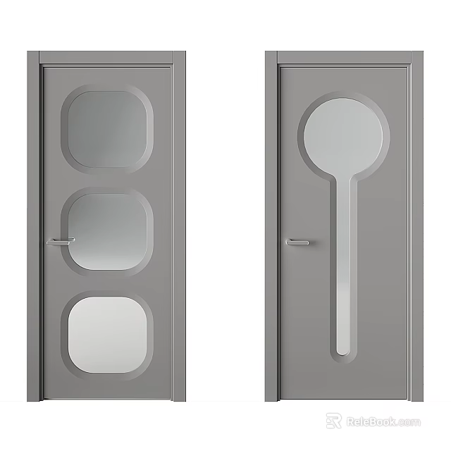Gray Swing Door With Square And Round Window Panel Design 3d model 