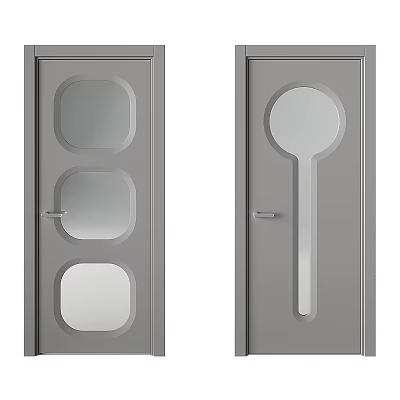Gray Swing Door With Square And Round Window Panel Design 3d model