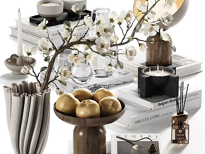 Elegant Decorative Ornaments Set With White Flower Branches Fruit Platter Candles And Books 3d model
