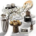 Elegant Decorative Ornaments Set With White Flower Branches Fruit Platter Candles And Books