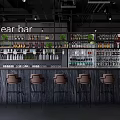 Modern Bar Interior With Wooden Tables Chairs And Shelves Full Of Bottles