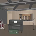 Modern Entertainment Room With Piano Drum Set Keyboard Wooden Walls And Ceiling