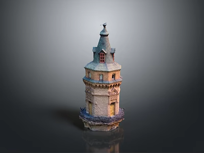 Medieval Tower Structure With Stone Base Pointed Roof And Arch Windows 3d model