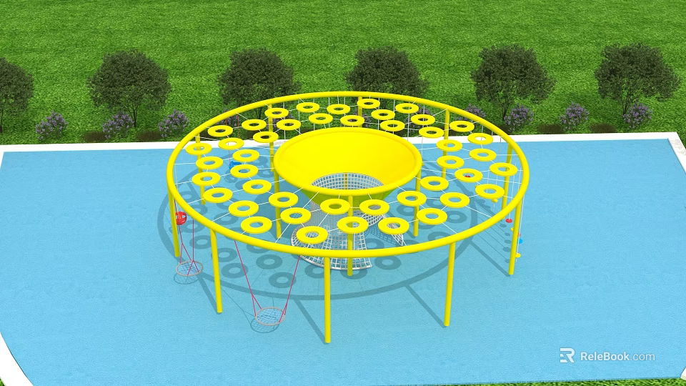 Yellow Circular Playground Equipment With Multiple Hoop Platforms On Blue Surface And Green Grass 3d model 