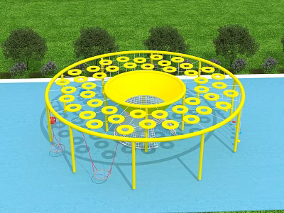 Yellow Circular Playground Equipment With Multiple Hoop Platforms On Blue Surface And Green Grass 3d model