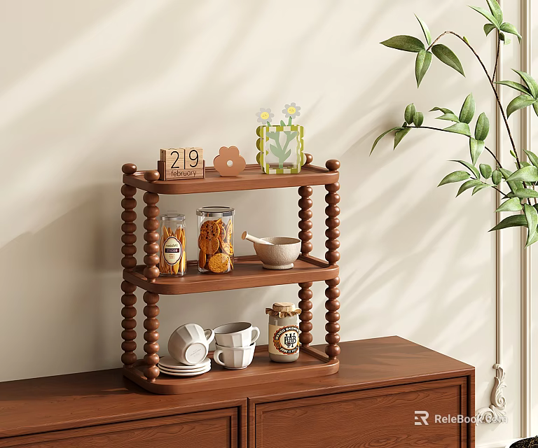 Three Tier Wooden Storage Shelf With Glass Jars Cups And Decorative Plants 3d model 