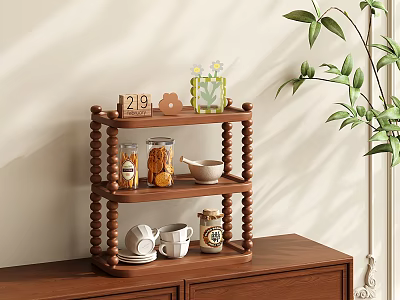 Three Tier Wooden Storage Shelf With Glass Jars Cups And Decorative Plants 3d model
