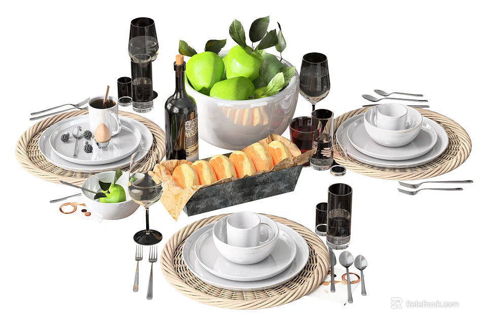 Tableware Combination Set with Plates Cups Cutlery Wine Glasses Woven Placemats Apples and Bread 3d model 