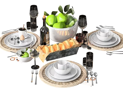 Tableware Combination Set with Plates Cups Cutlery Wine Glasses Woven Placemats Apples and Bread 3d model