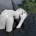 White Human Sculpture Head Bowed With Hand Resting On Greenery And Water Reflection Background