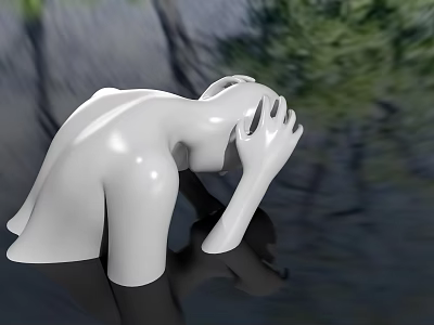 White Human Sculpture Head Bowed With Hand Resting On Greenery And Water Reflection Background 3d model