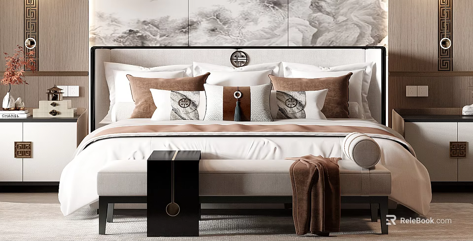 Luxurious Double Bed with Plush Pillows and Bed Bench on Marble Wall Background 3d model