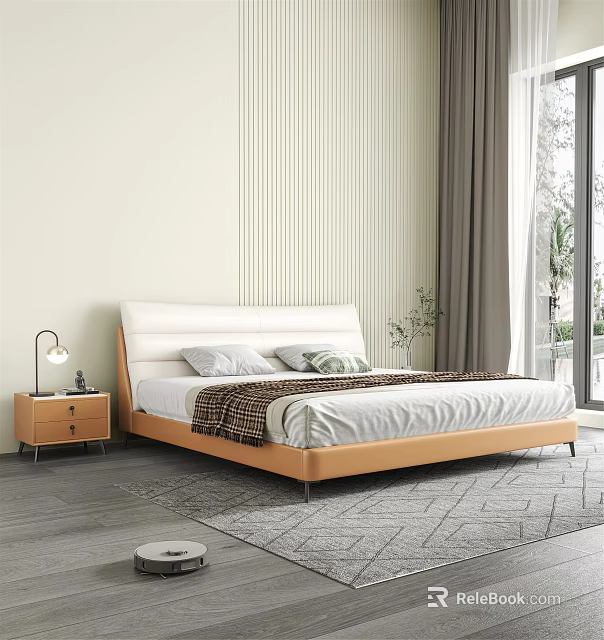 Modern Bedroom Interior With White Headboard Wooden Nightstand Gray Curtains And Striped Wall Panel 3d model 