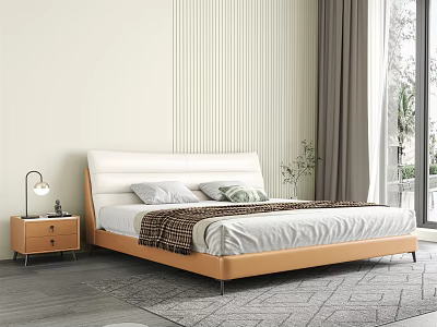 Modern Bedroom Interior With White Headboard Wooden Nightstand Gray Curtains And Striped Wall Panel 3d model