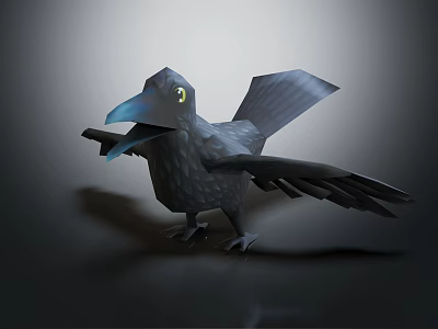 3D Black Crow With Spread Wings Yellow Eyes And Sharp Beak In Dark Background 3d model