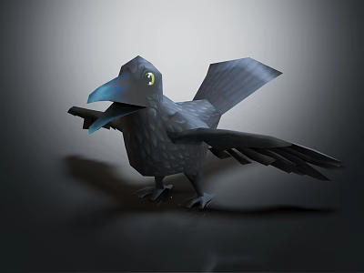 3D Black Crow With Spread Wings Yellow Eyes And Sharp Beak In Dark Background 3d model