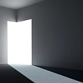 Empty Room With Gray Walls Dark Floor Open Door Letting Bright Light Beam In