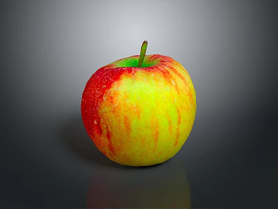 Shiny Red And Yellow Striped Apple With Green Stem On Grey Background 3d model